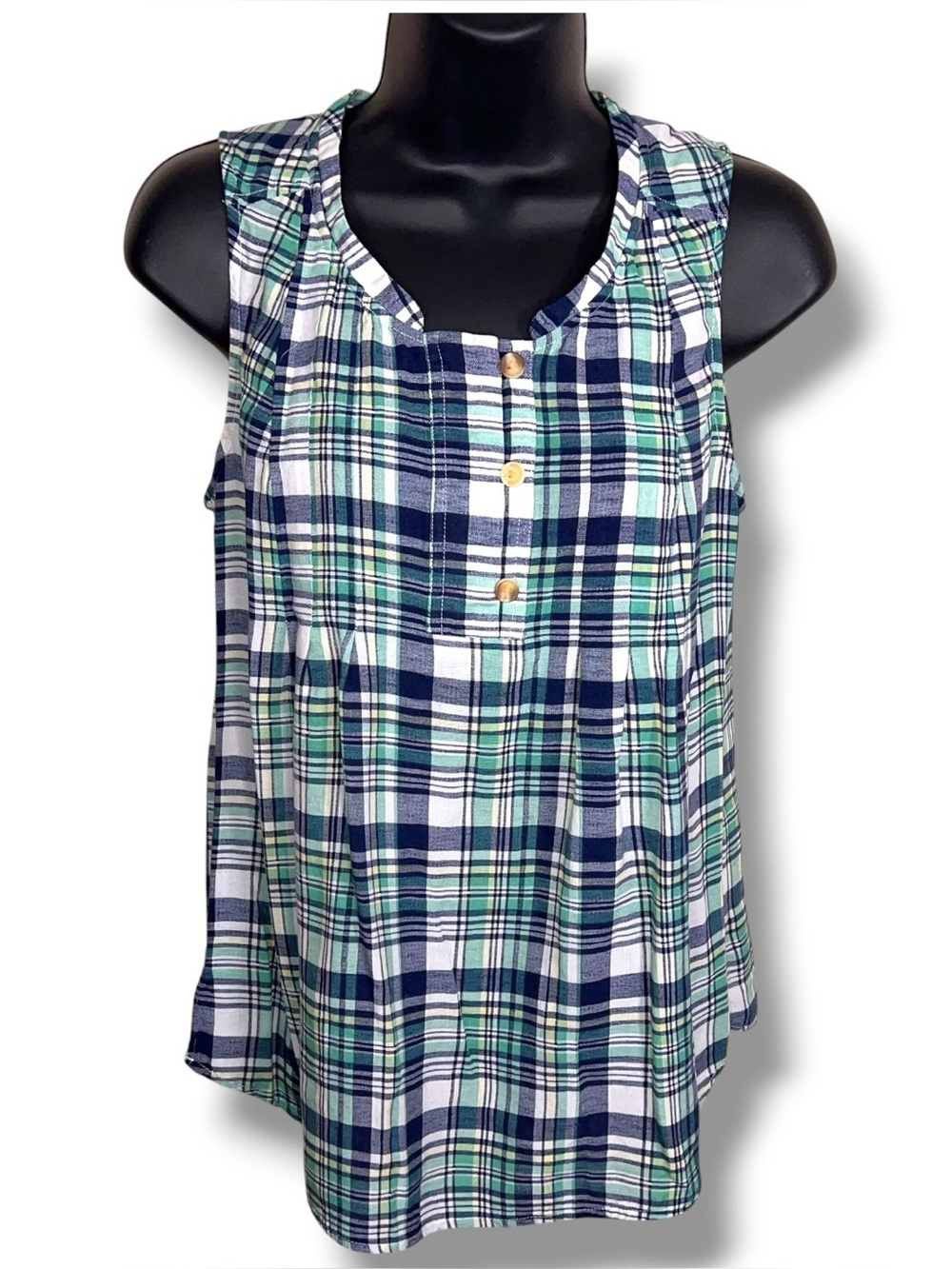 Small Skirts Are Blue Plaid Sleeveless Top Blue Teal Green White Flannel Look